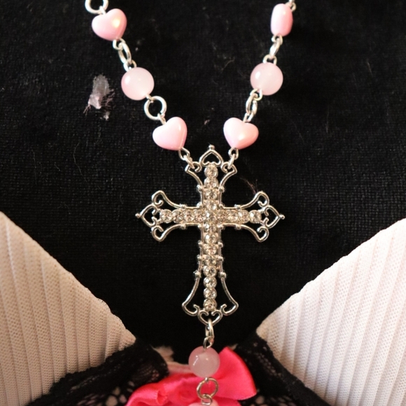 Beaded Pink Necklace With Cross - Picture 2 of 6